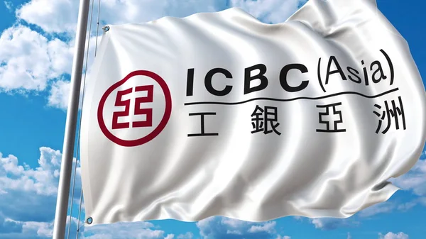 Drapeau avec logo ICBC sur le ciel et les nuages. Editorial rendu 3D — Photo