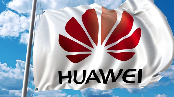 Macha flagą z logo Huawei przeciwko niebo i chmury. Redakcji renderowania 3d — Zdjęcie stockowe