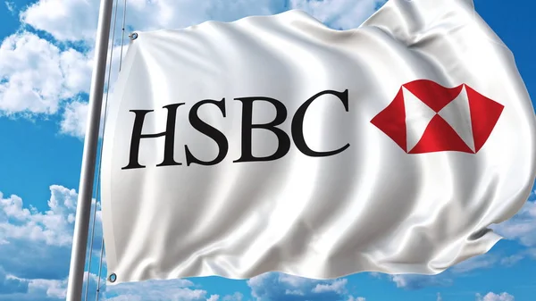Viftande flagga med Hsbc logotyp mot himmel och moln. Redaktionella 3d-rendering — Stockfoto