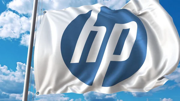 Розмахуючи прапором з логотипом Hp проти небо та хмари. Редакційні 3d-рендерінг — стокове фото