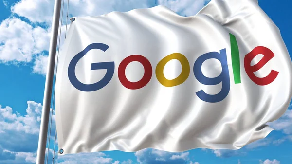 Acenando bandeira com o logotipo do Google contra o céu e nuvens. Renderização 3D editorial — Fotografia de Stock