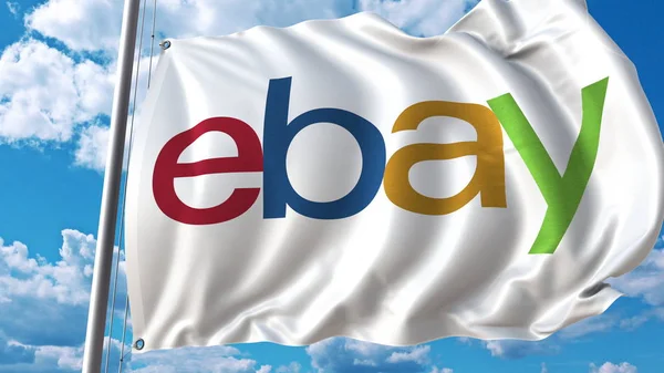 Размахивание флагом с логотипом Ebay против неба и облаков. Редакционная 3D рендеринг — стоковое фото