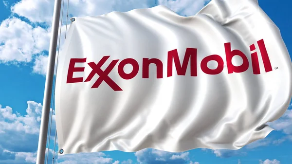 Κυματίζει σημαία με Exxon Mobil logo κατά του ουρανού και τα σύννεφα. Συντακτική 3d rendering — Φωτογραφία Αρχείου