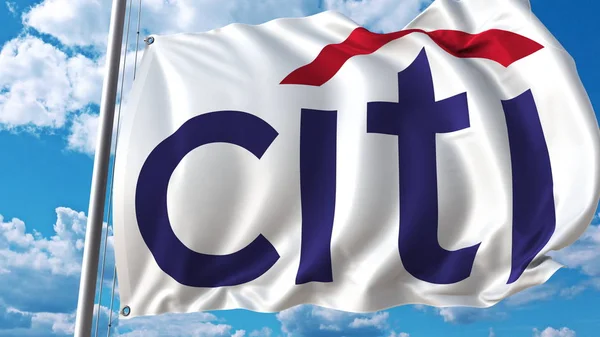 Wapperende vlag met Citi logo tegen de lucht en de wolken. Redactioneel 3D-rendering — Stockfoto