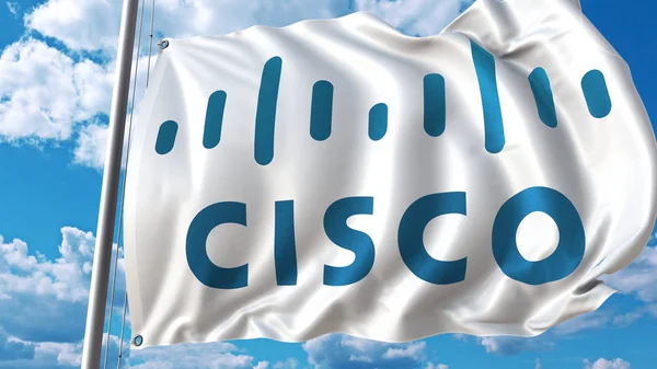 Fluturarea steagului cu logo-ul Cisco împotriva cerului și norilor. Redarea editorială 3D — Fotografie, imagine de stoc