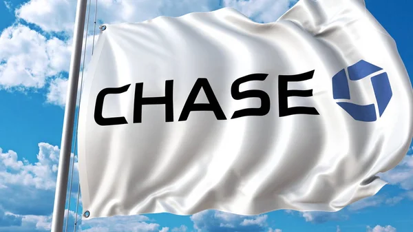 Bandiera sventolante con logo Chase contro cielo e nuvole. Rendering editoriale 3D — Foto Stock
