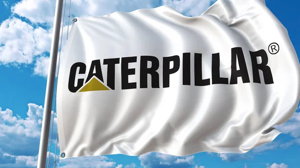 Macha flagą z logo firmy Caterpillar przeciwko niebo i chmury. Redakcji renderowania 3d — Zdjęcie stockowe