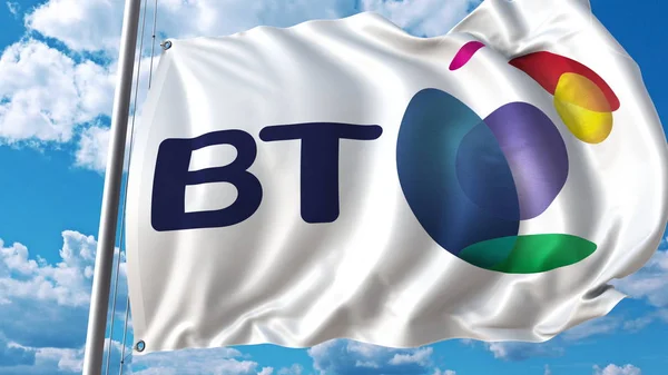 Viftande flagga med British Telecom Bt logotyp mot himmel och moln. Redaktionella 3d-rendering — Stockfoto