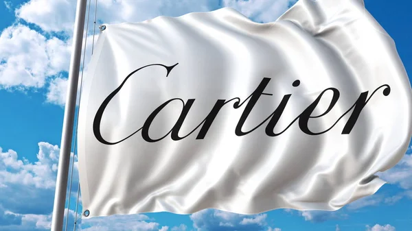 Sventolando bandiera con il logo Cartier contro cielo e nuvole. Rendering editoriale 3D — Foto Stock