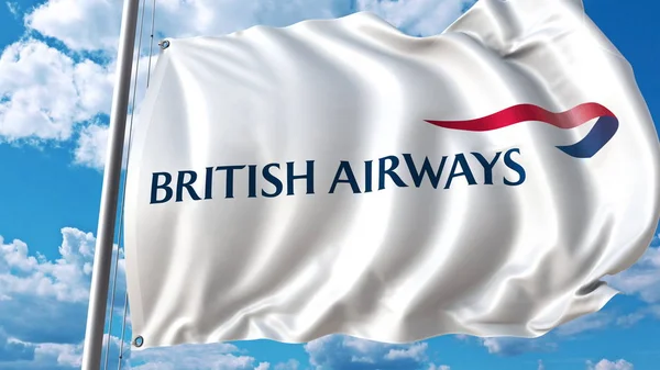Flagge mit britischem Luftfahrtlogo gegen Himmel und Wolken schwenken. redaktionelles 3D-Rendering — Stockfoto