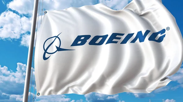 Integetett zászló ellen sky és clouds Boeing logóval. Szerkesztői 3d-leképezés — Stock Fotó