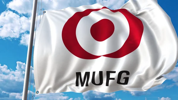 Flagge schwenkend mit Tokyo-Mitsubishi-Logo gegen Himmel und Wolken. redaktionelles 3D-Rendering — Stockfoto