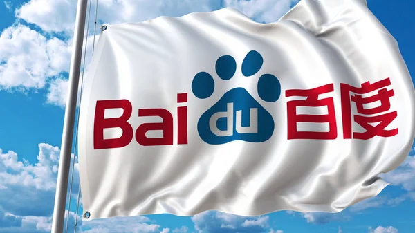 Drapeau agitant le logo Baidu contre le ciel et les nuages. Editorial rendu 3D — Photo