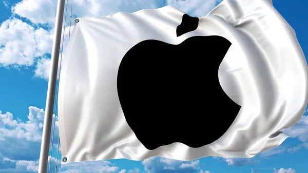 Bandera ondeando con el logotipo de Apple contra el cielo y las nubes. Representación Editorial 3D —  Fotos de Stock
