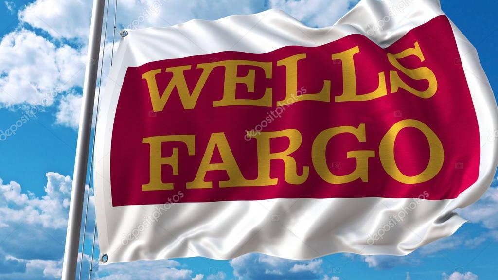 Waving flag with Wells Fargo logo against sky and clouds. Editorial 3D