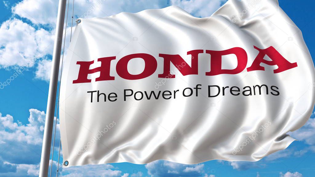 Waving flag with Honda logo against sky and clouds. Editorial 3D