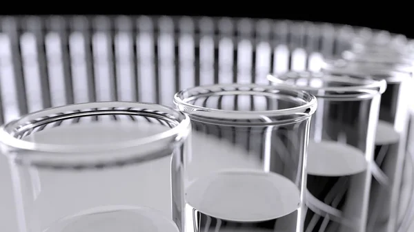 Mehrere Laborglasflaschen mit transparenter Lösung. chemisches oder medizinisches Laborkonzept. 3D-Darstellung — Stockfoto