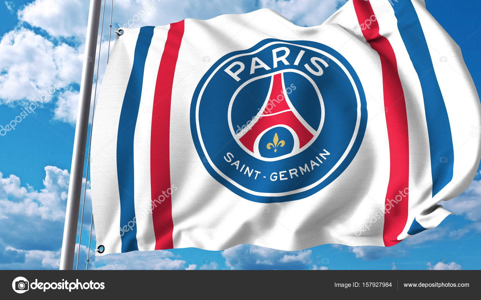 Waving flag with Paris Saint Germain football team logo. Editorial