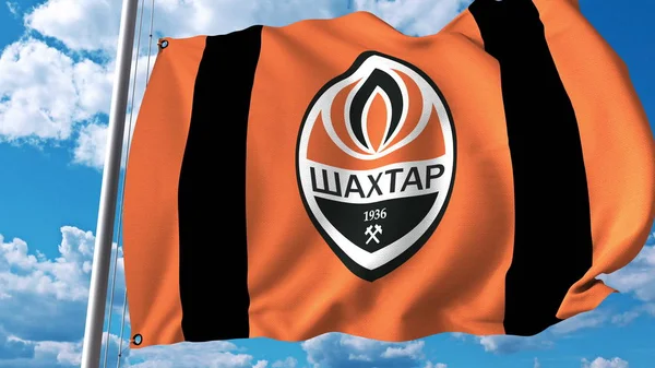 Bandiera sventolante con logo della squadra di calcio Shakhtar Donetsk. Rendering editoriale 3D — Foto Stock