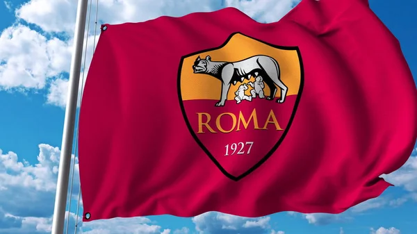 Wapperende vlag met Roma voetbal team logo. Redactioneel 3D-rendering — Stockfoto