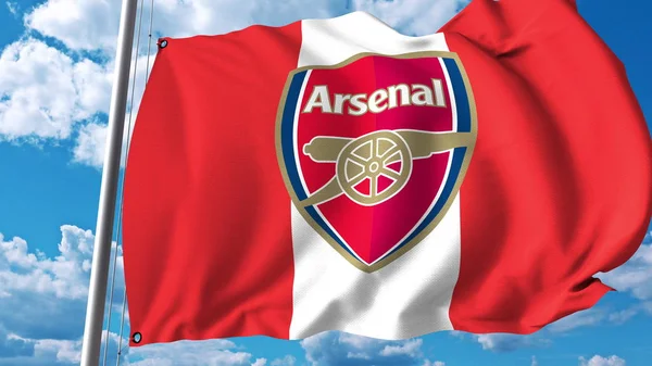Vlající vlajka s logem týmu fotbalový Arsenal. Úvodník 3d vykreslování — Stock fotografie