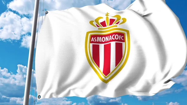 Bandiera sventolante con logo della squadra di calcio di Monaco. Rendering editoriale 3D — Foto Stock