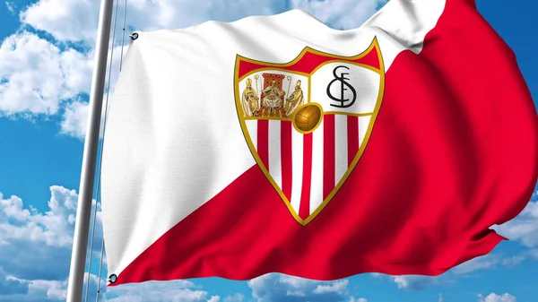 Bandiera sventolante con logo della squadra di calcio di Siviglia. Rendering editoriale 3D — Foto Stock