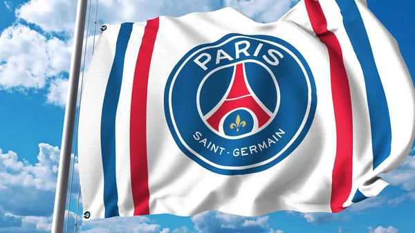 Waving flag with Paris Saint Germain football team logo. Editorial 3D rendering — Stock Photo, Image