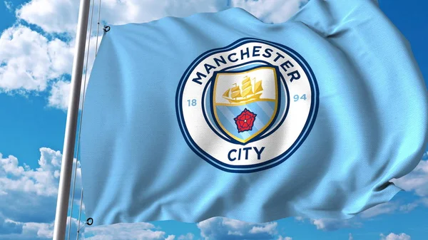 Bandera ondeando con el logotipo del equipo de fútbol Manchester City. Representación Editorial 3D —  Fotos de Stock