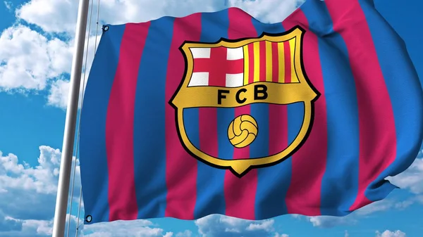 Flagge mit dem Logo der Fußballmannschaft von Barcelona schwenkend. redaktionelles 3D-Rendering — Stockfoto