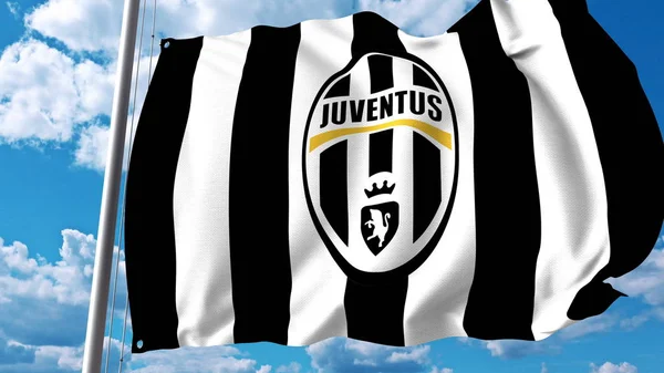 Viftande flagga med Juventus fotboll team logo. Redaktionella 3d-rendering — Stockfoto