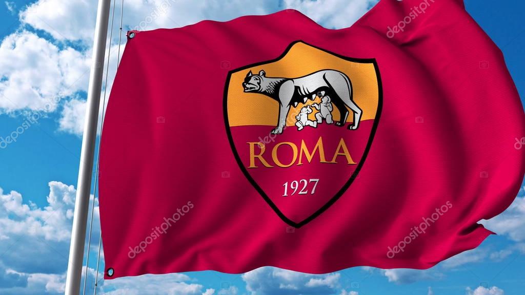 Waving flag with Roma football team logo. Editorial 3D