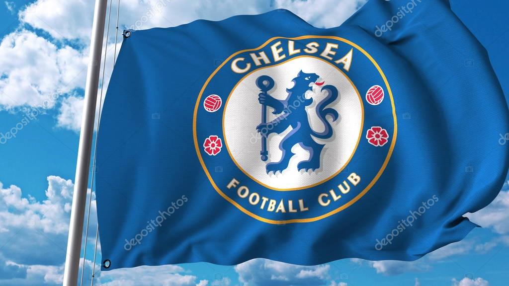 Waving flag with Chelsea football team logo. Editorial 3D