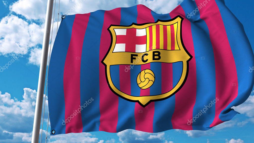 Waving flag with Barcelona football team logo. Editorial 3D