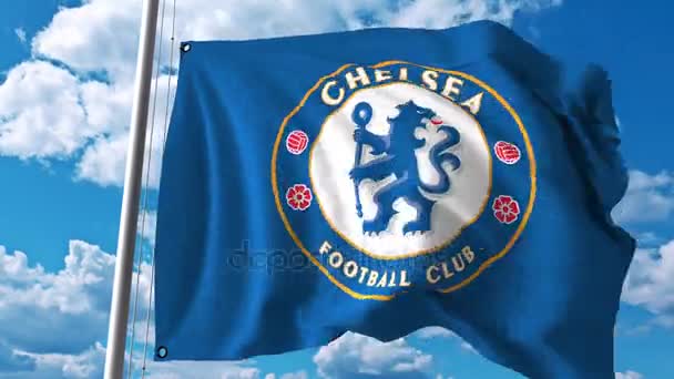 Vlající vlajka s logem týmu fotbalové Chelsea. 4 k redakční klip — Stock video