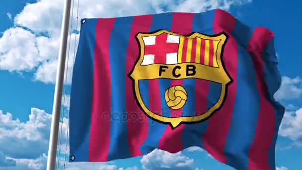 Waving flag with Barcelona football team logo. 4K editorial clip — Stock Video