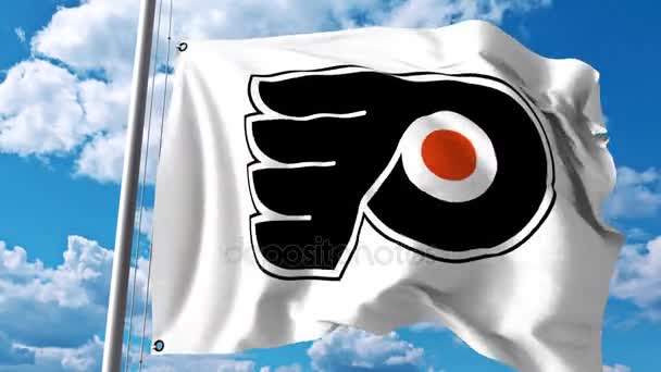 Viftande flagga med Philadelphia Flyers Nhl hockey team logo. 4 k redaktionella klipp — Stockvideo