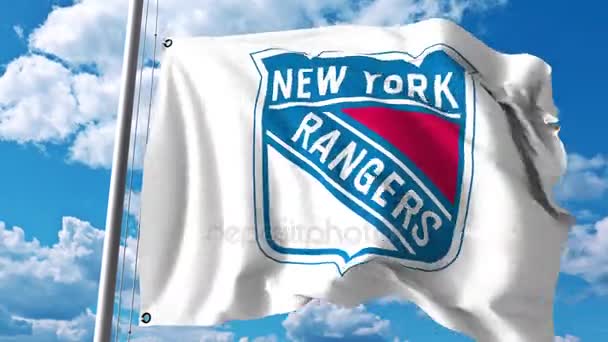 Macha flagą z New York Rangers Nhl hockey team logo. 4 k Video Redakcja — Wideo stockowe