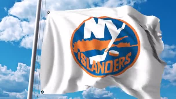 Viftande flagga med New York Islanders Nhl hockey team logo. 4 k redaktionella klipp — Stockvideo
