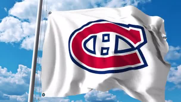 Viftande flagga med Montreal Canadiens Nhl hockey team logo. 4 k redaktionella klipp — Stockvideo