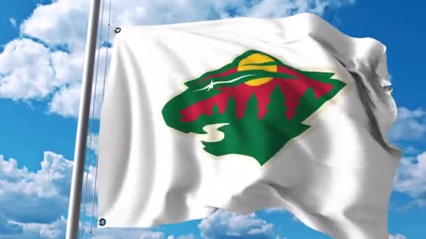 Bandera ondeando con el logotipo del equipo de hockey de Minnesota Wild NHL. Clip editorial 4K — Vídeo de stock