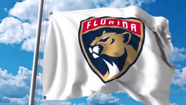 Viftande flagga med Florida Panthers Nhl hockey team logo. 4 k redaktionella klipp — Stockvideo