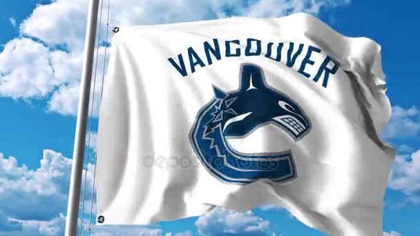 Wapperende vlag met Vancouver Canucks Nhl hockey team logo. 4 k redactionele clip — Stockvideo