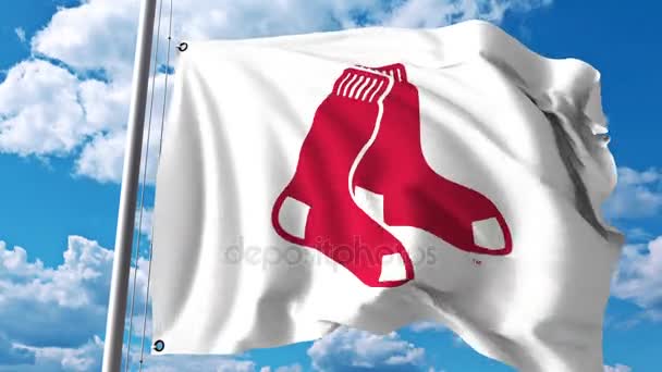 Bandiera sventolante con logo della squadra professionale dei Boston Red Sox. Clip editoriale 4K — Video Stock