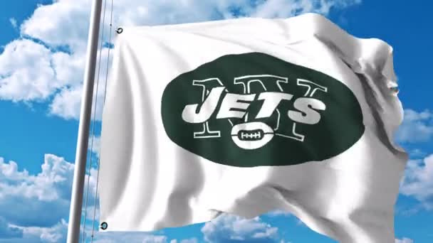 Flagge schwenkend mit dem Logo des professionellen Teams New York Jets. 4k Editorial Clip — Stockvideo