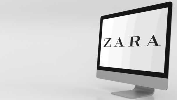 Pantalla de computadora moderna con logotipo de Zara. Clip editorial 4K — Vídeos de Stock