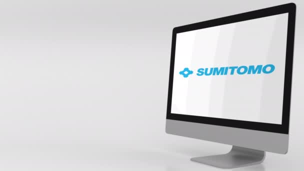 Moderna datorskärm med Sumitomo logotyp. 4 k redaktionella klipp — Stockvideo