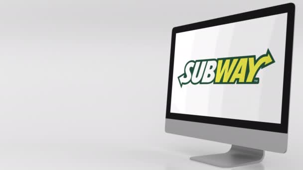 Moderner Computerbildschirm mit U-Bahn-Logo. 4k Editorial Clip — Stockvideo