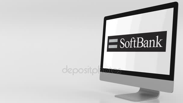 Modern datorskärm med mjuk Bank logotypen. 4 k redaktionella klipp — Stockvideo