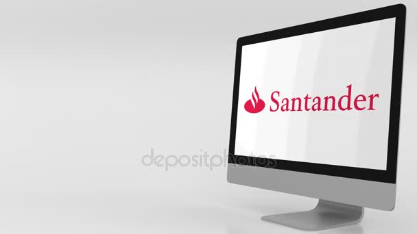 Tela de computador moderna com logotipo Santander. Clipe editorial 4K — Vídeo de Stock